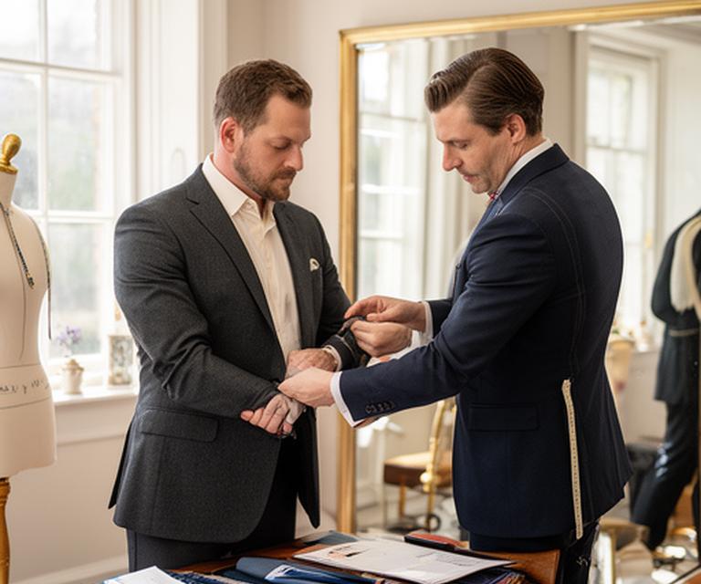 Man attending a suit fitting while a tailor checks the sleeve at a bright atelier mirror