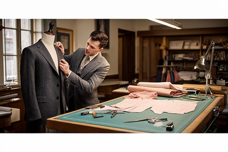 Tailor checking a charcoal jacket beside a cutting table in a Wolverhampton workshop