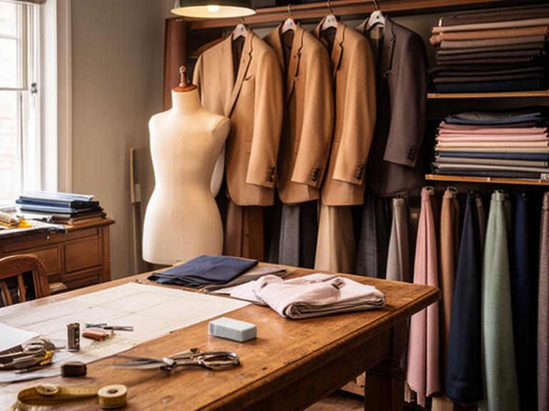 Warm tailoring workshop interior with wooden cutting table, hanging jackets, and fabric rolls