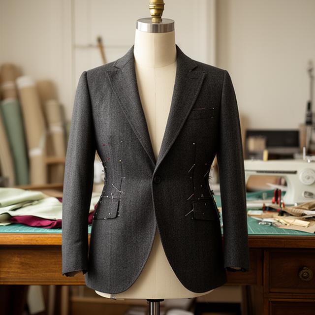 Charcoal jacket before alteration on a tailor's mannequin in the workroom