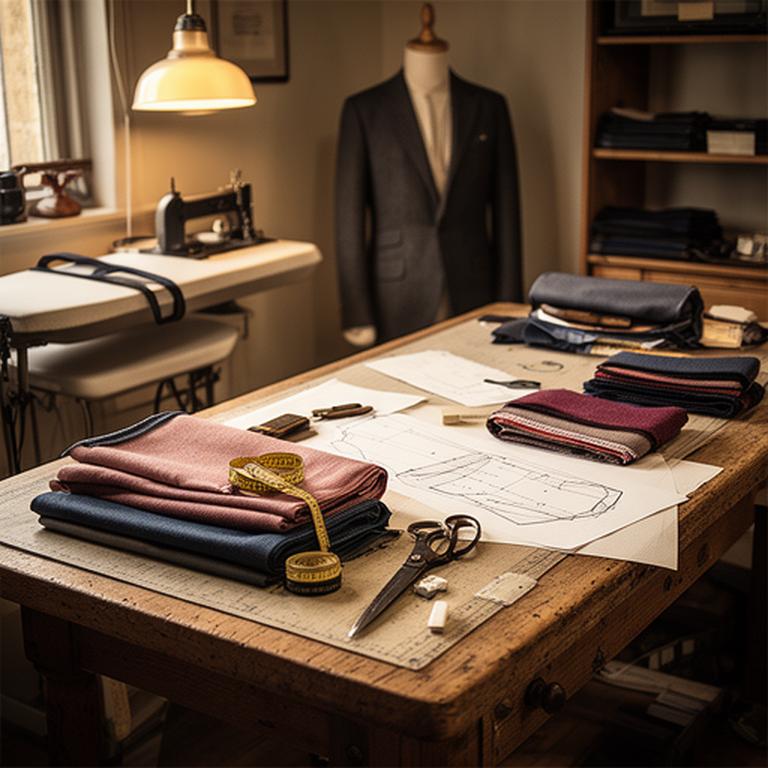Warmly lit original tailoring workshop in Wolverhampton with a wooden cutting table and paper patterns