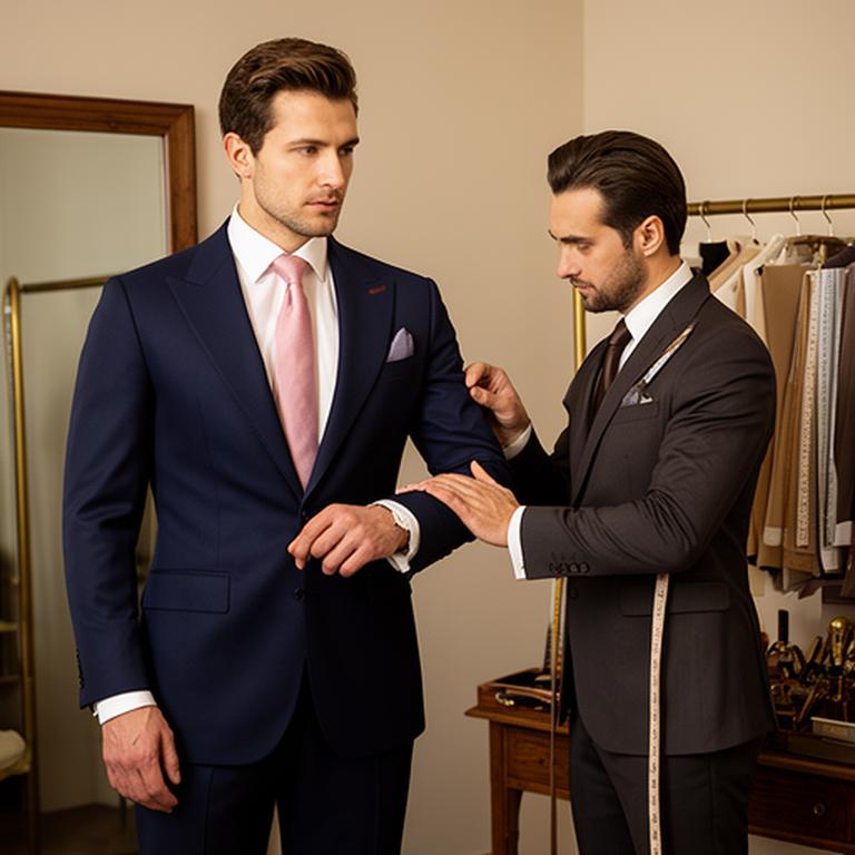 Customer attending a private suit fitting while a tailor adjusts the sleeve of a navy jacket