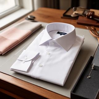 White bespoke shirt with folded collar on a tailoring counter