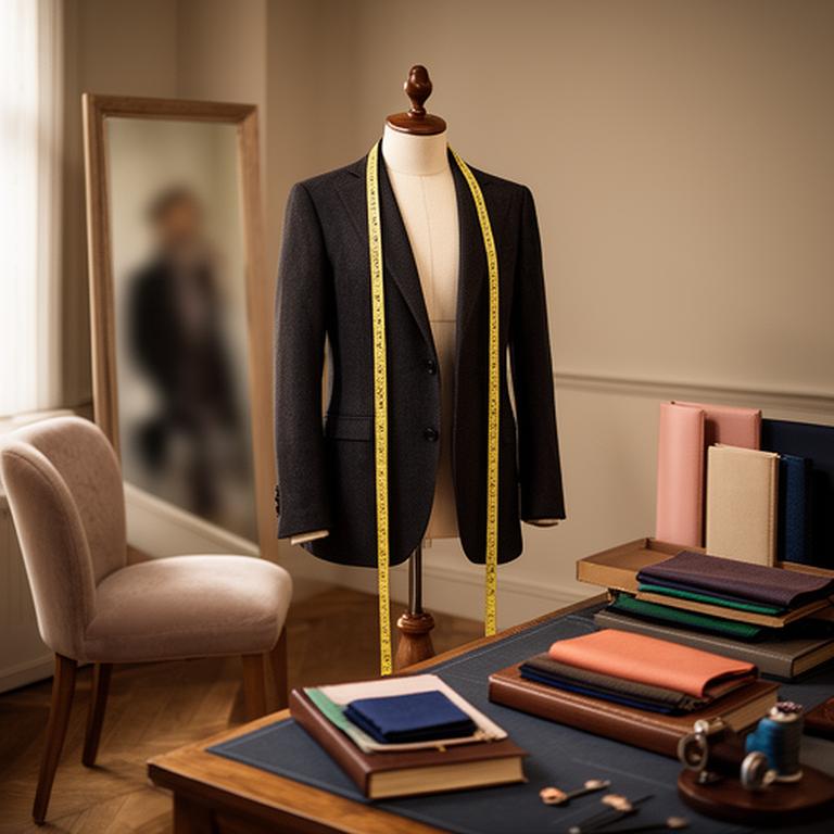 Quiet private fitting room with measuring tape, fabric books, and a tailored jacket