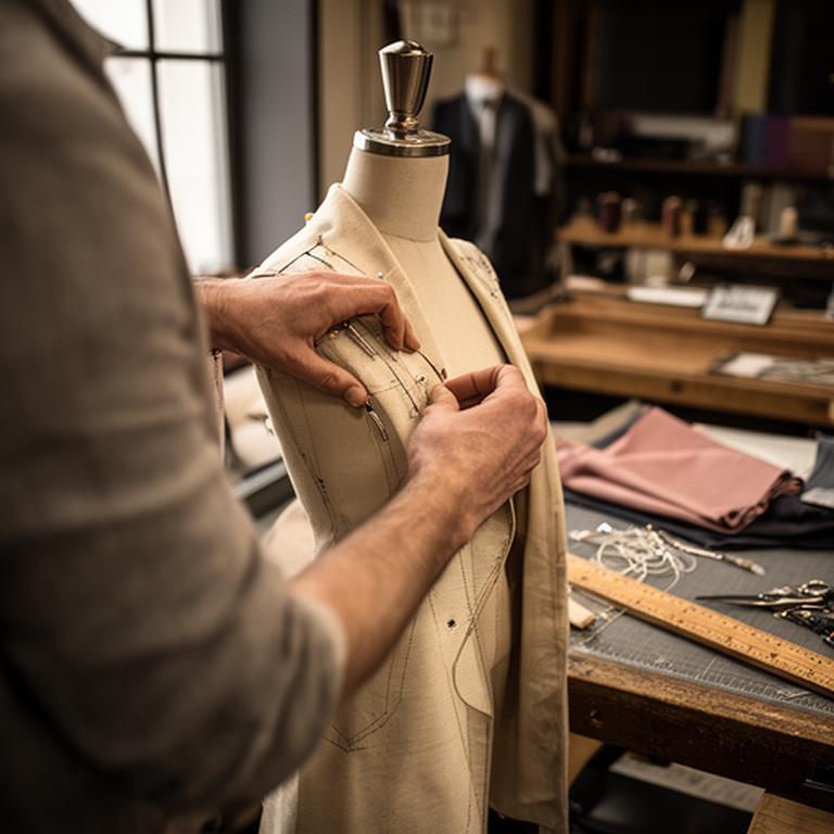 Close view of a tailor pinning a natural canvas jacket on a mannequin beside wooden cutting tables
