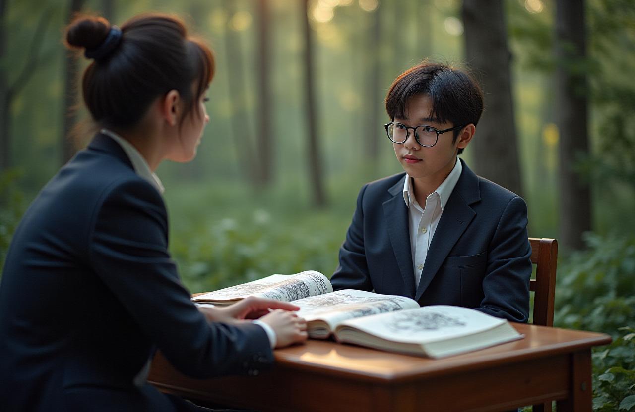 Student studying Japanese calligraphy outdoors surrounded by mammal anatomical illustrations