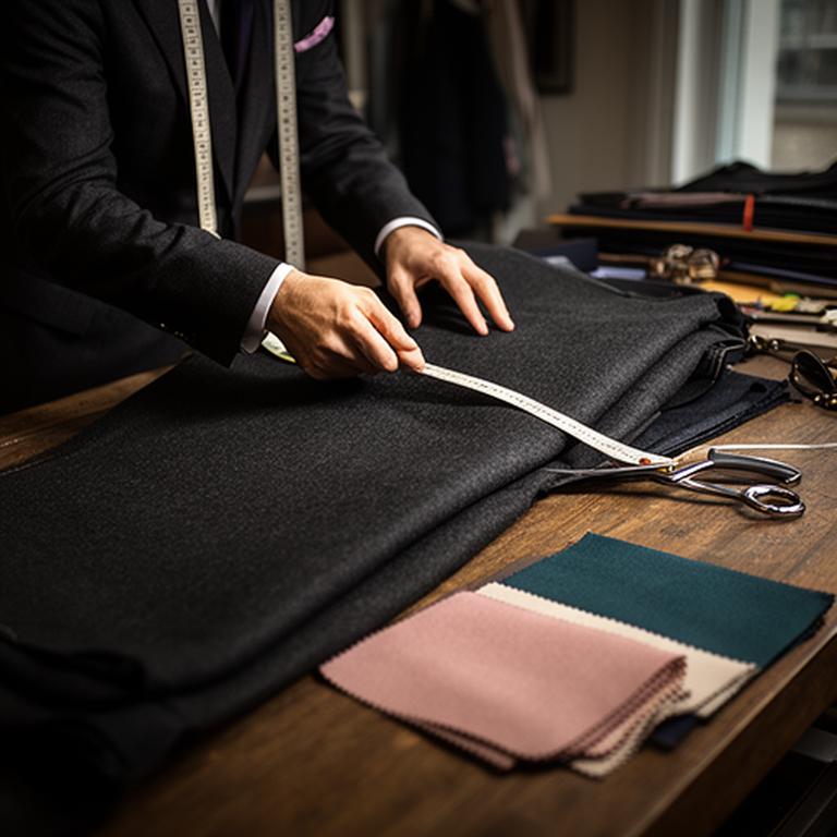 Tailor measuring dark wool cloth on a cutting table in a Wolverhampton workshop