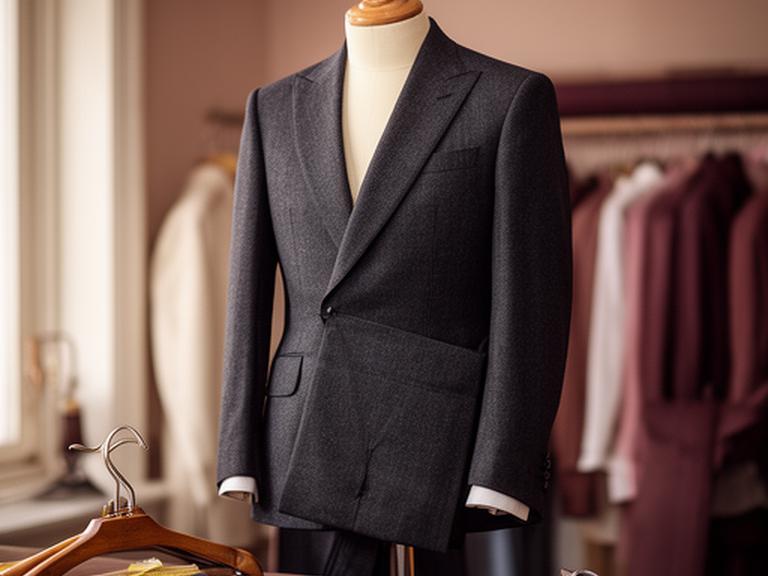 Finished charcoal suit on a wooden dress form inside a softly lit tailoring studio