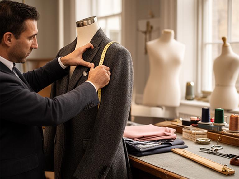 Tailor measuring a charcoal jacket beside a wooden cutting table in a South Staffordshire workroom
